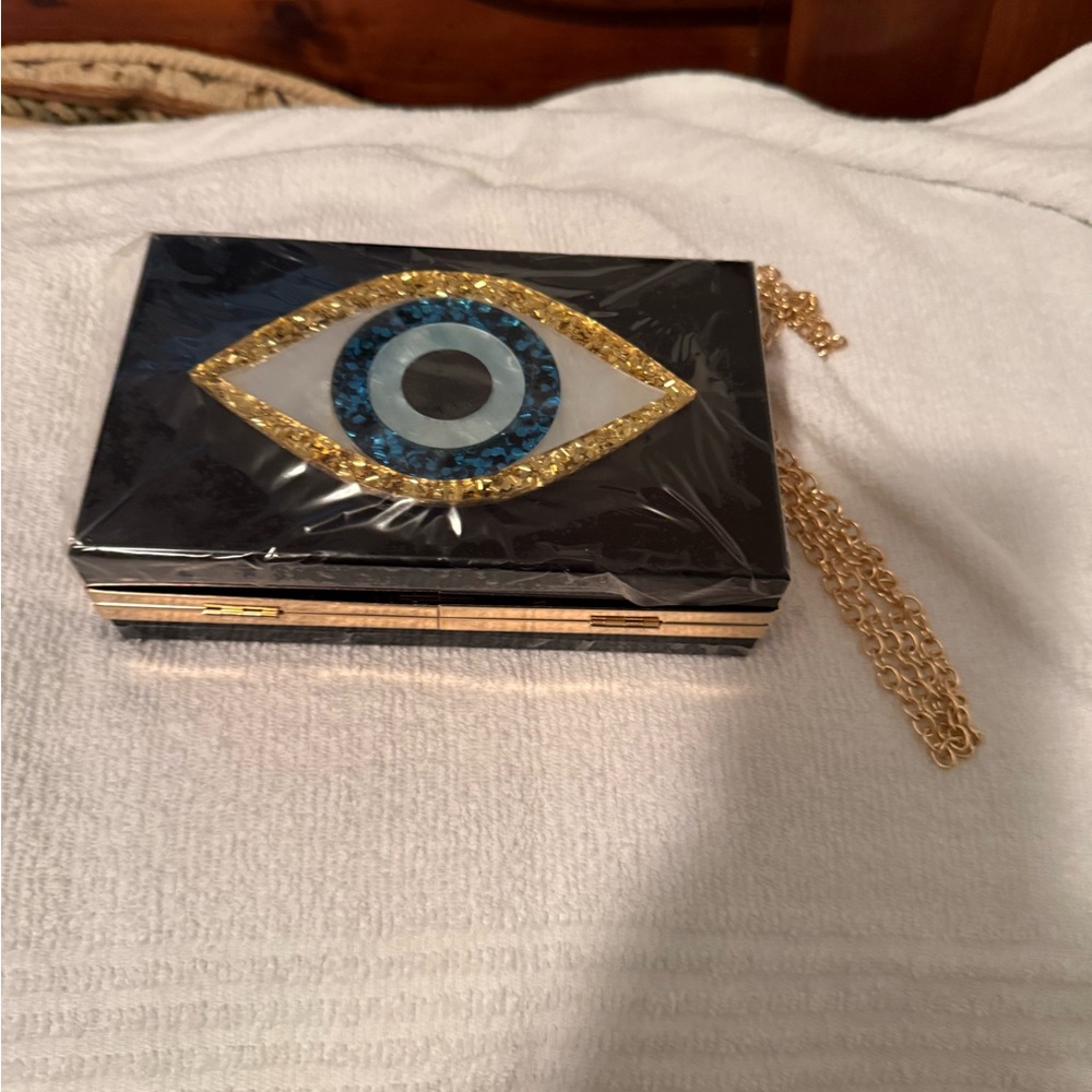 NWOT Black Evil Eye Jeweled Box Clutch with Gold Chain